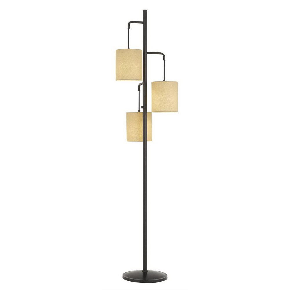 72" Bronze Three Light Traditional Shaped Floor Lamp With Beige Drum Shade on a white background