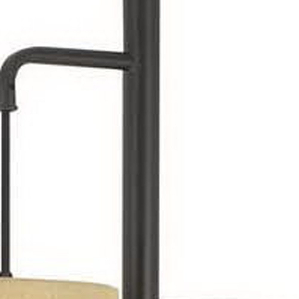 72" Bronze Three Light Traditional Shaped Floor Lamp With Beige Drum Shade on a white background