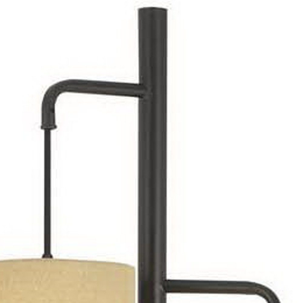 72" Bronze Three Light Traditional Shaped Floor Lamp With Beige Drum Shade on a white background