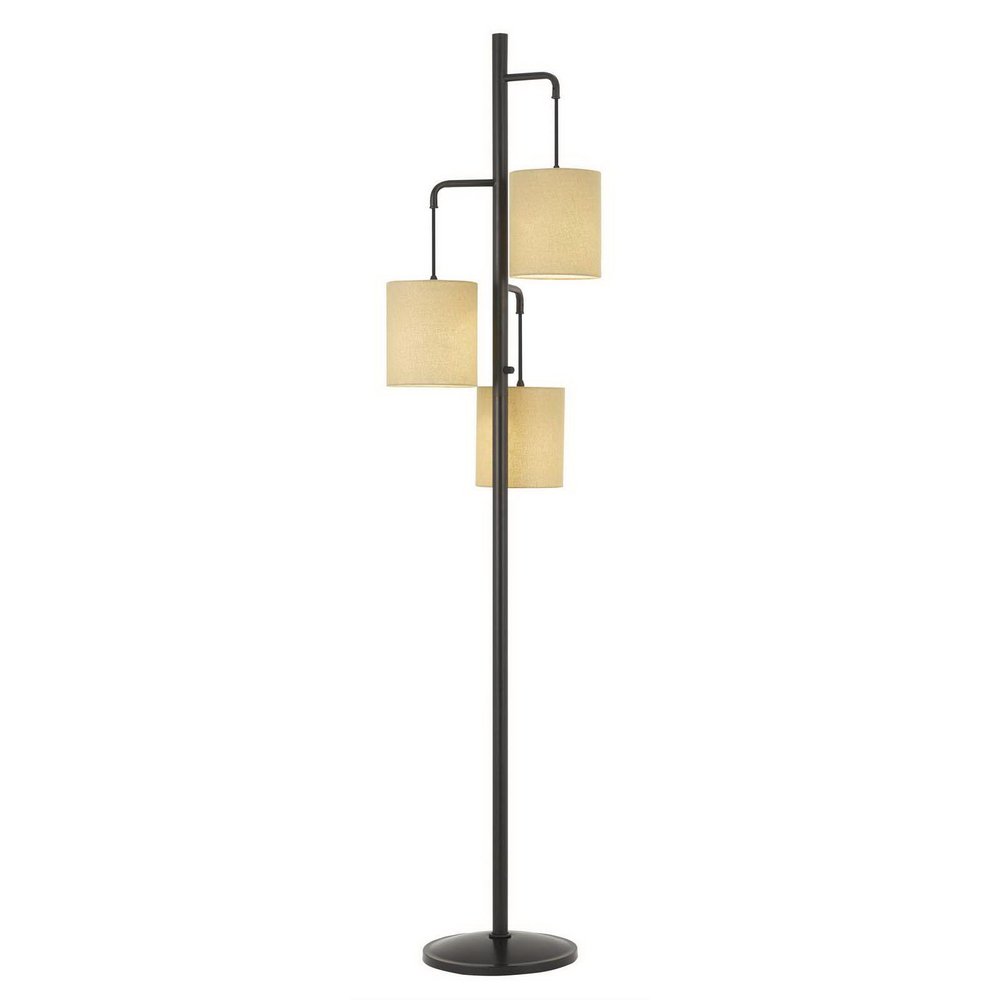 72" Bronze Three Light Traditional Shaped Floor Lamp With Beige Drum Shade on a white background