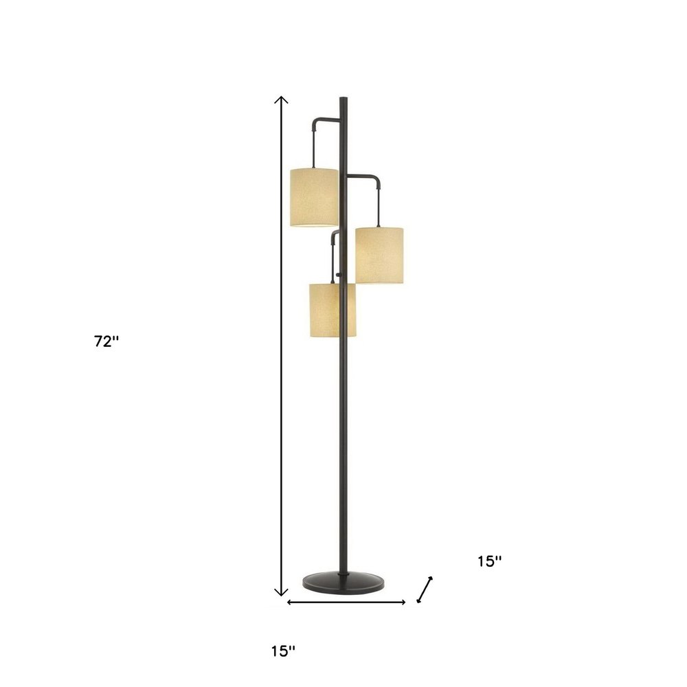 72" Bronze Three Light Traditional Shaped Floor Lamp With Beige Drum Shade on a white background