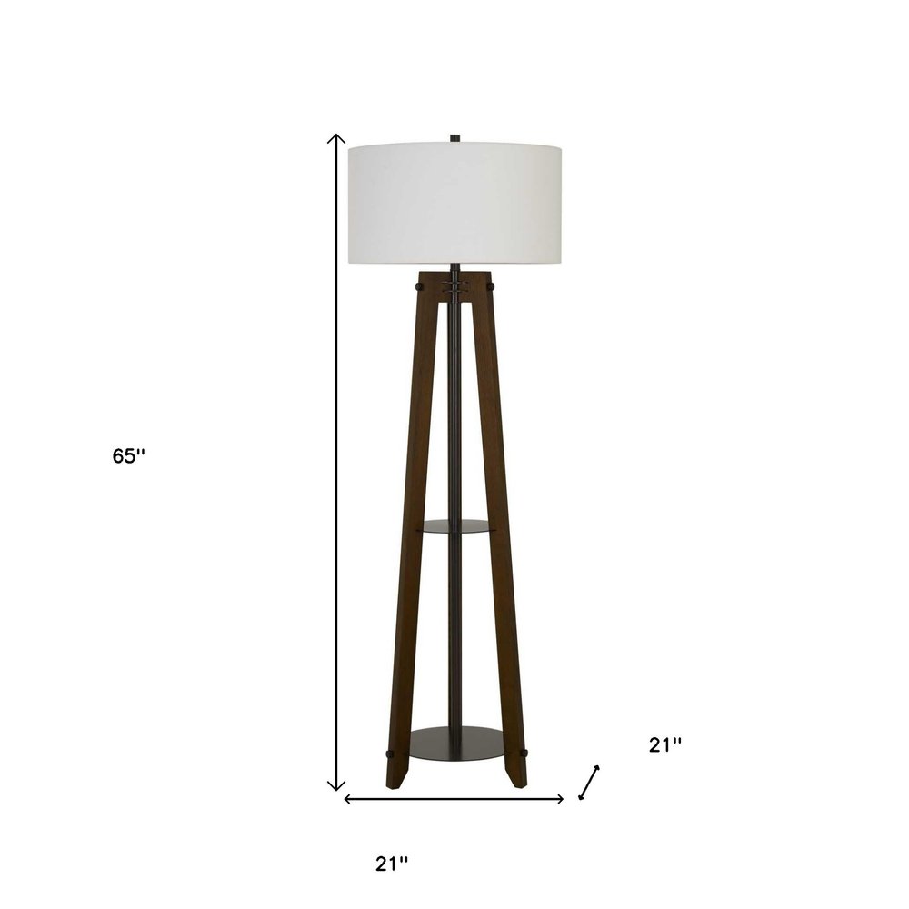 65" Brown Tripod Floor Lamp With White Rectangular Shade. Floor lamp isolated on a plain white background, finished in white metal.