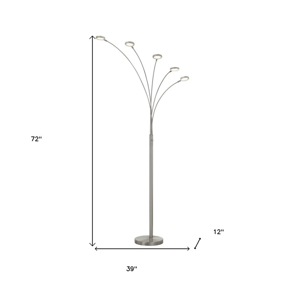 72" Nickel Five Light Led Arc Floor Lamp on a white background