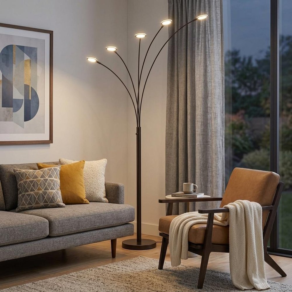 72" Bronze Five Light LED Arc Floor Lamp in a home interior