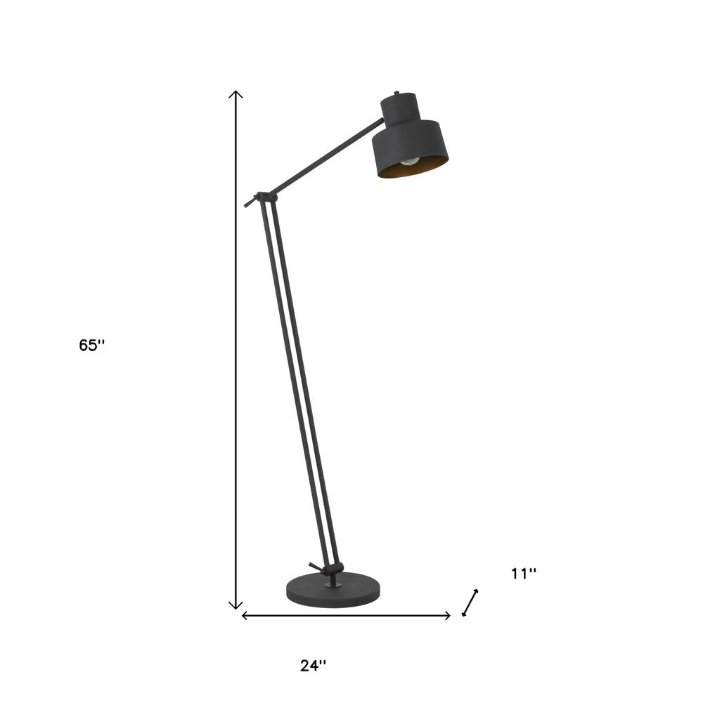 65" Black Adjustable Traditional Shaped Floor Lamp With Black Dome Shade. Floor lamp isolated on a plain white background, showing a black metal surface.