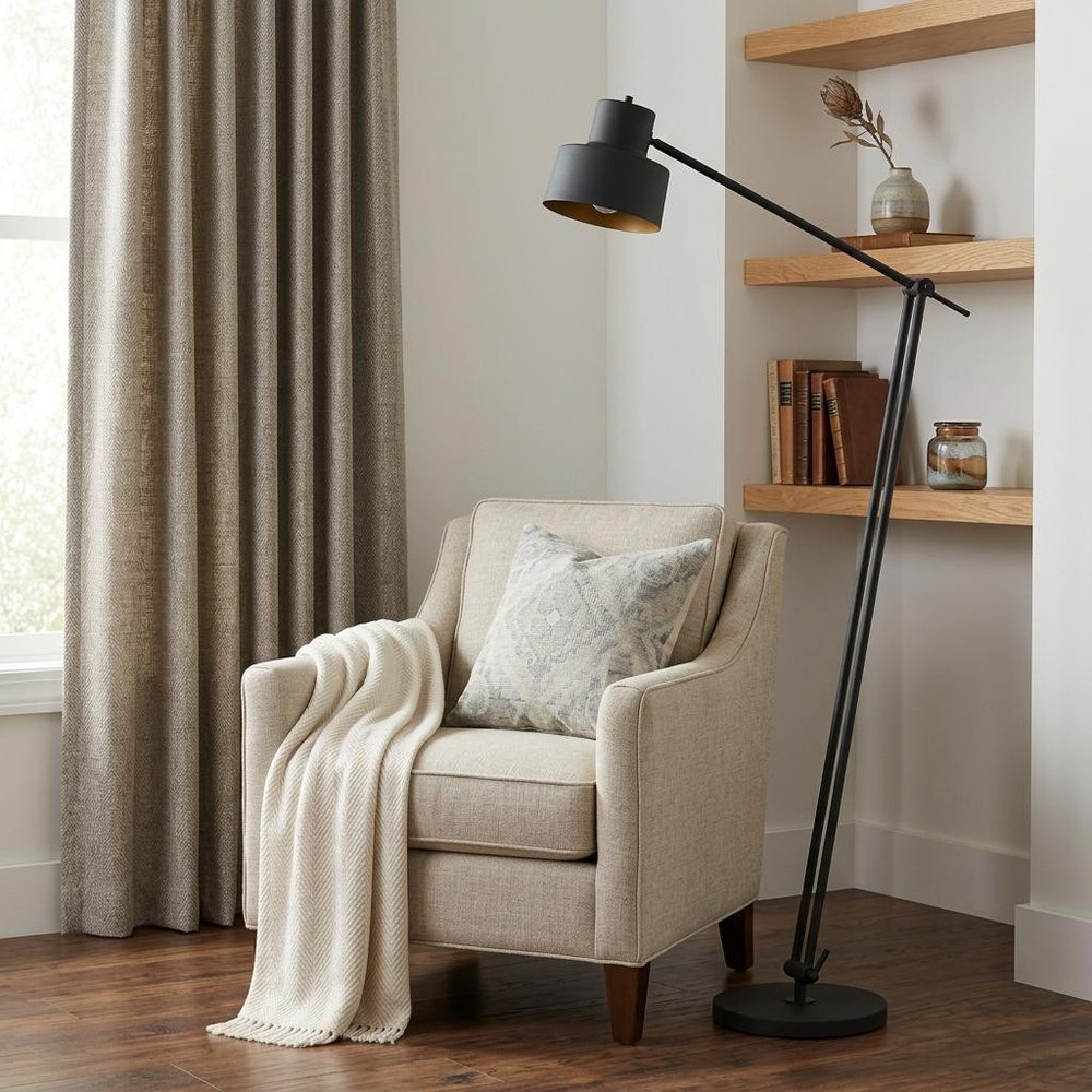 65" Black Adjustable Traditional Shaped Floor Lamp With Black Dome Shade. Floor lamp in black metal.