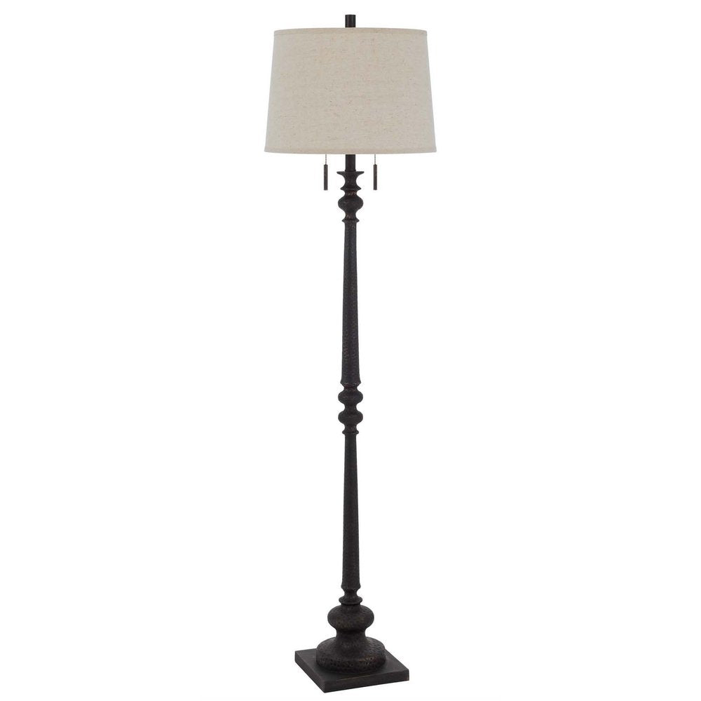 63" Rust Two Light Floor Lamp With Beige Fabric Square Shade. Floor lamp isolated on a plain white background, finished in beige metal.