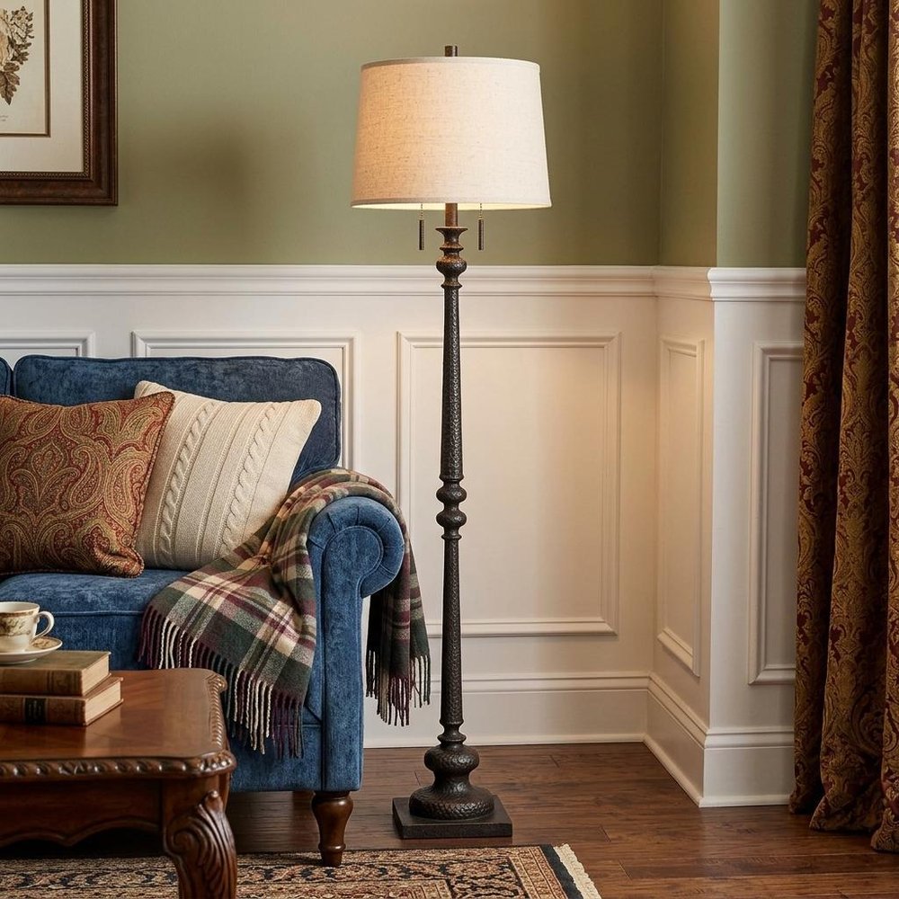 63" Rust Two Light Floor Lamp With Beige Fabric Square Shade
