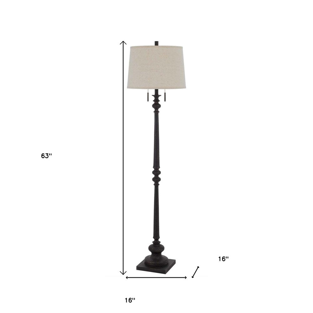 63" Rust Two Light Floor Lamp With Beige Fabric Square Shade. Floor lamp isolated on a plain white background, showing a beige metal surface.