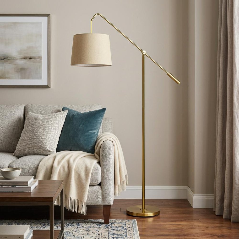 68" Brass Adjustable Traditional Shaped Floor Lamp With Antiqued Brass Drum Shade