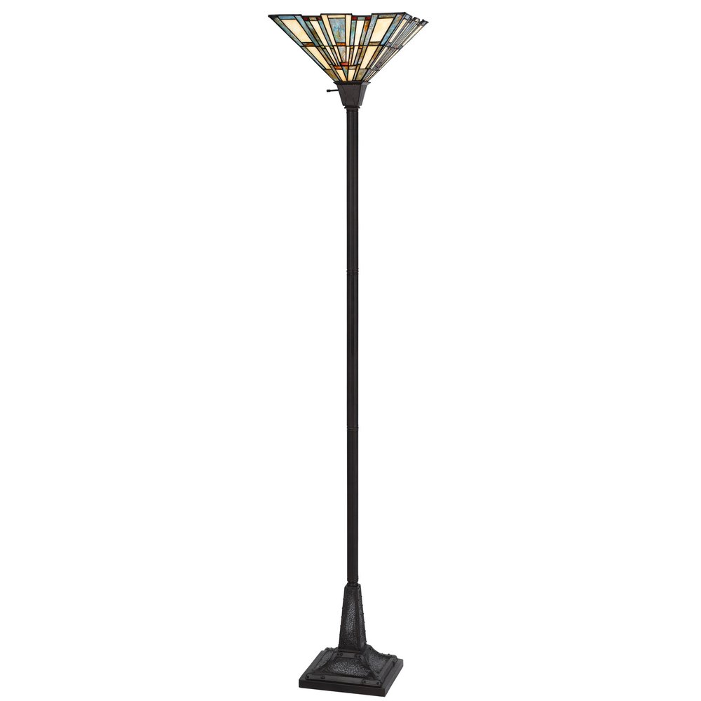 72" Bronze Torchiere Floor Lamp With Gray and Ivory Abstract Tiffany Glass Novelty Shade on a white background