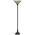 72" Bronze Torchiere Floor Lamp With Gray and Ivory Abstract Tiffany Glass Novelty Shade on a white background