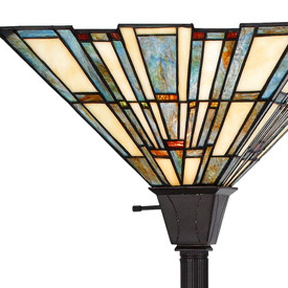 72" Bronze Torchiere Floor Lamp With Gray and Ivory Abstract Tiffany Glass Novelty Shade on a white background
