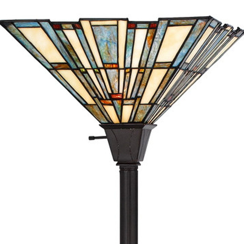 72" Bronze Torchiere Floor Lamp With Gray and Ivory Abstract Tiffany Glass Novelty Shade on a white background