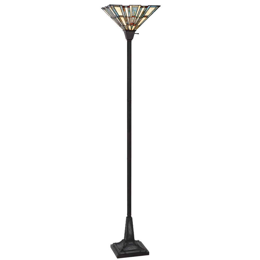 72" Bronze Torchiere Floor Lamp With Gray and Ivory Abstract Tiffany Glass Novelty Shade on a white background