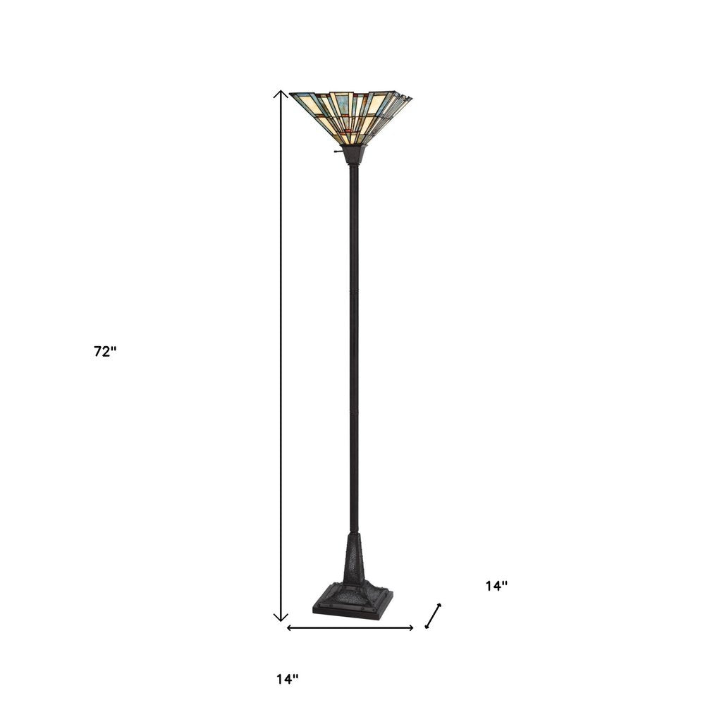 72" Bronze Torchiere Floor Lamp With Gray and Ivory Abstract Tiffany Glass Novelty Shade on a white background