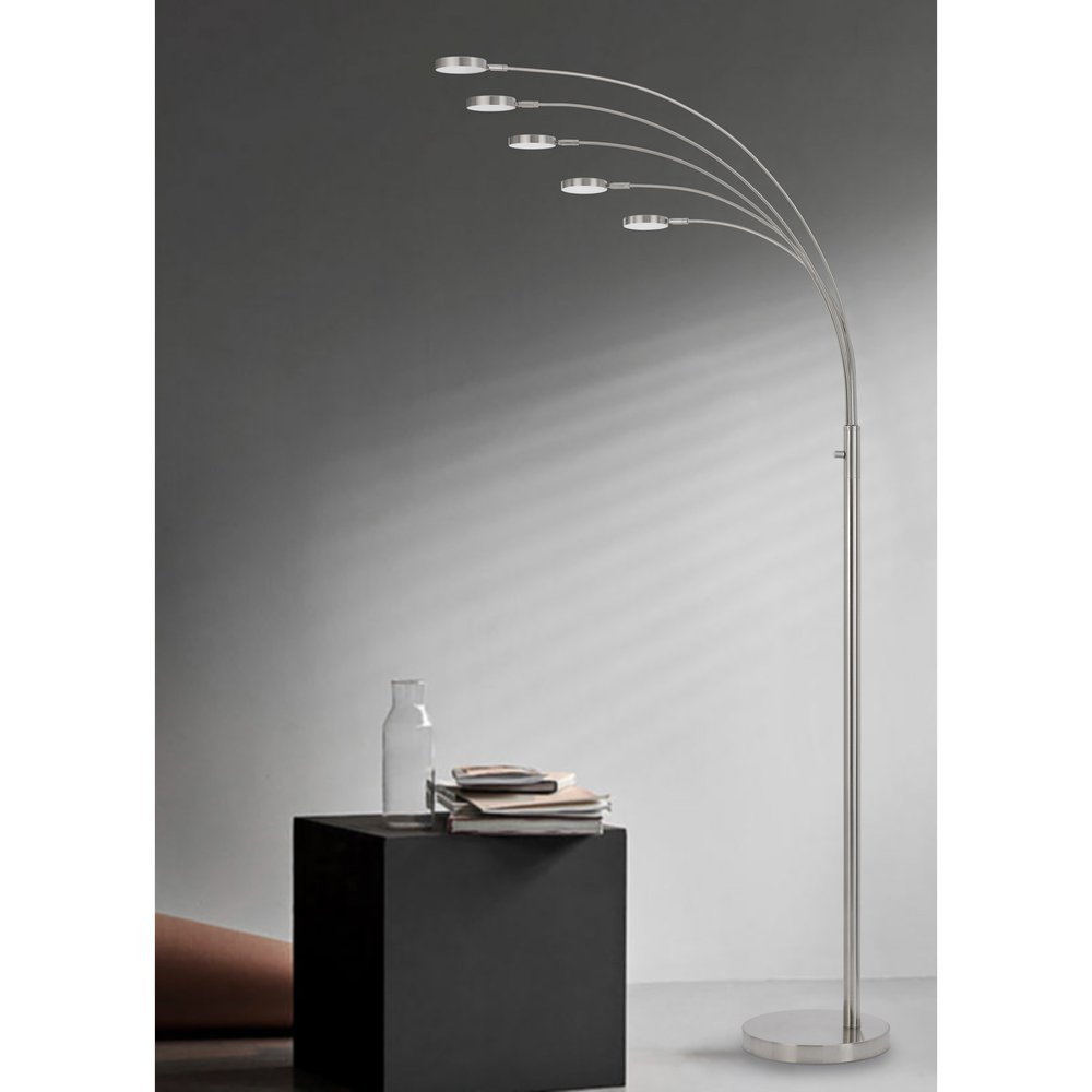 82" Nickel Five Light Led Arc Floor Lamp on a white background