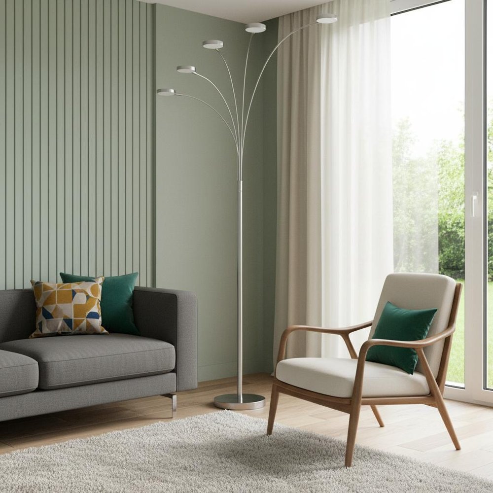82" Nickel Five Light Led Arc Floor Lamp in a home interior