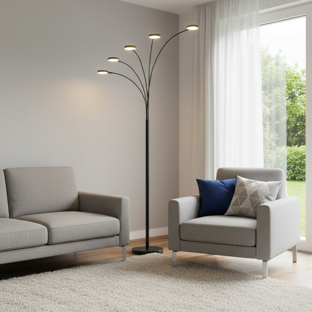 82" Bronze Five Light Led Arc Floor Lamp in a home interior