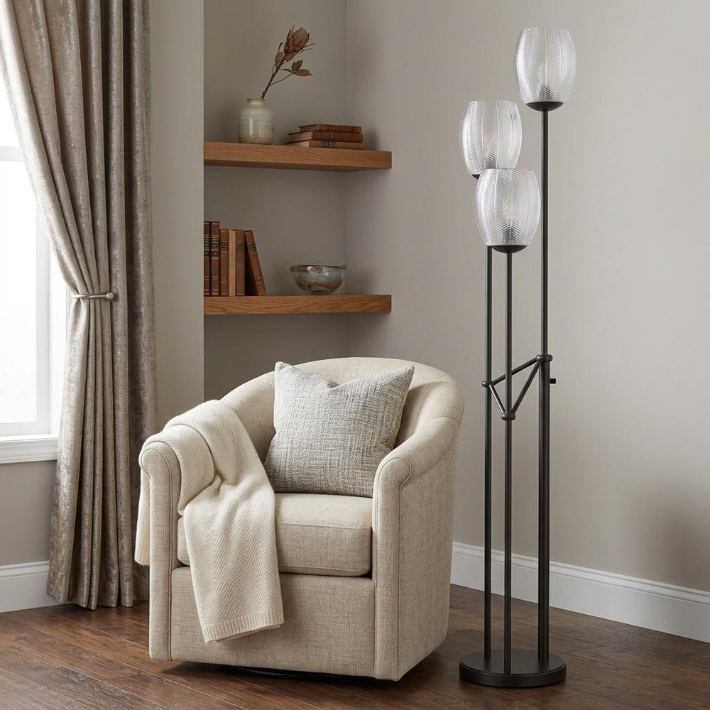 71" Black Three Light Traditional Shaped Floor Lamp With Clear Transparent Glass Novelty Shade