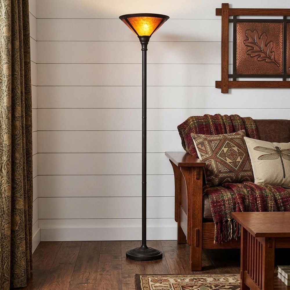 71" Rusted Torchiere Floor Lamp With Brown Dome Shade