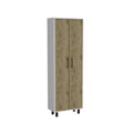 Set of Two Oak and White Wood Kitchen Island And Pantry Cabinet on a white background