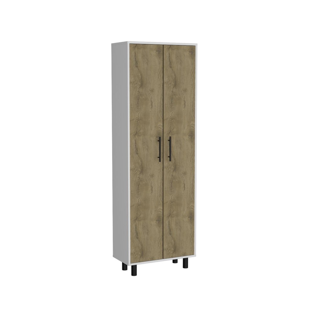 Set of Two Oak and White Wood Kitchen Island And Pantry Cabinet on a white background