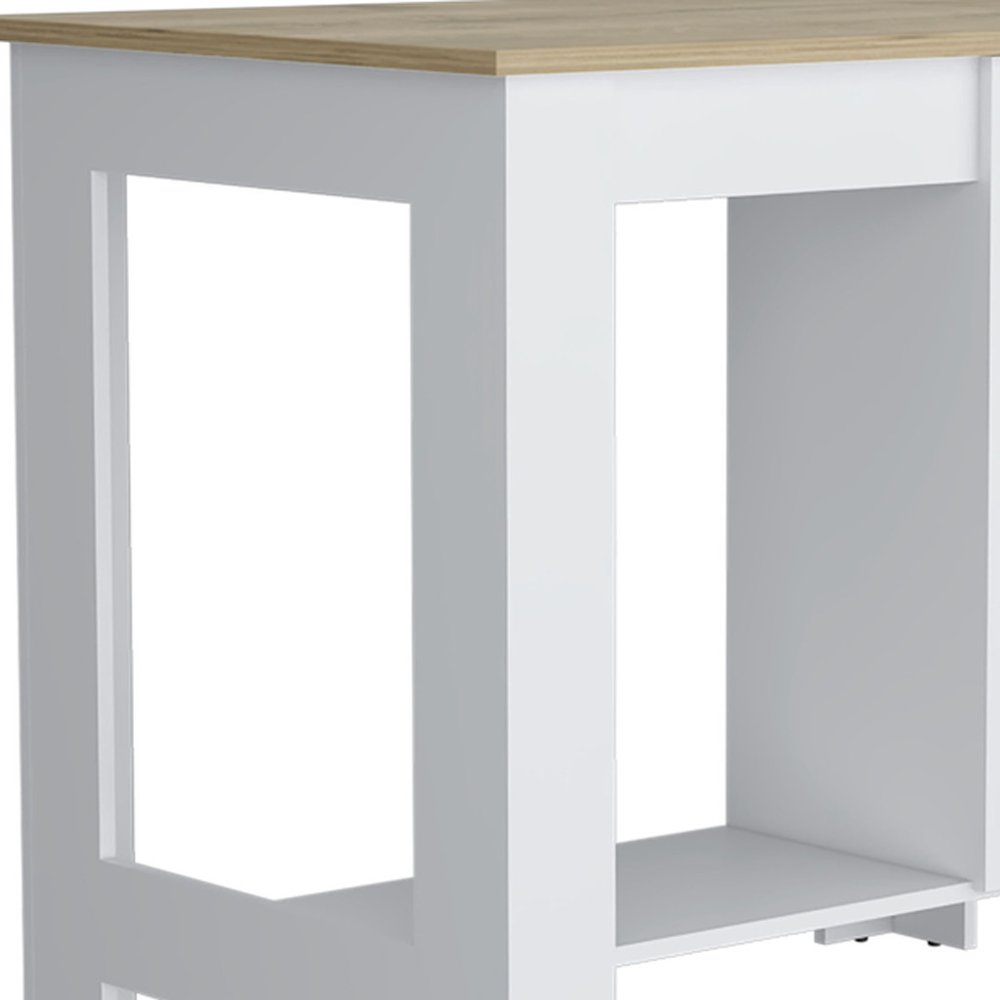 Set of Two Oak and White Wood Kitchen Island And Pantry Cabinet on a white background