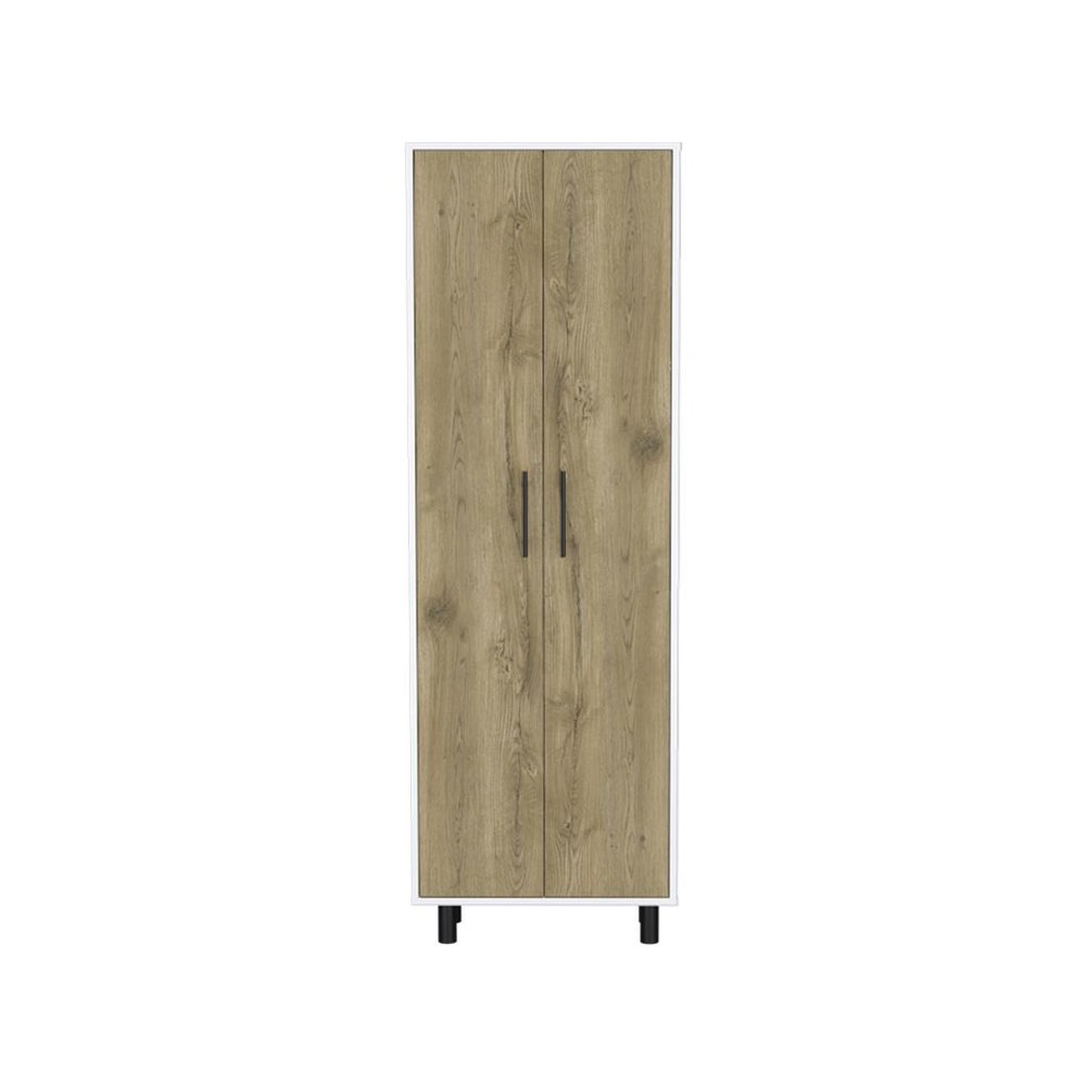 Set of Two Oak and White Wood Kitchen Island And Pantry Cabinet on a white background