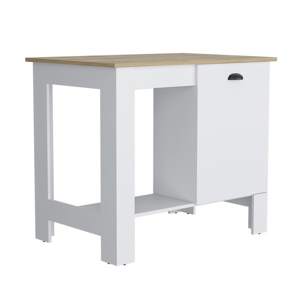Set of Two Oak and White Wood Kitchen Island And Pantry Cabinet on a white background