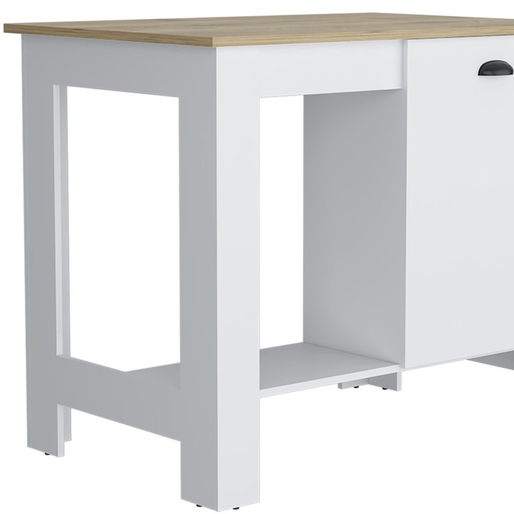 Set of Two Oak and White Wood Kitchen Island And Pantry Cabinet on a white background