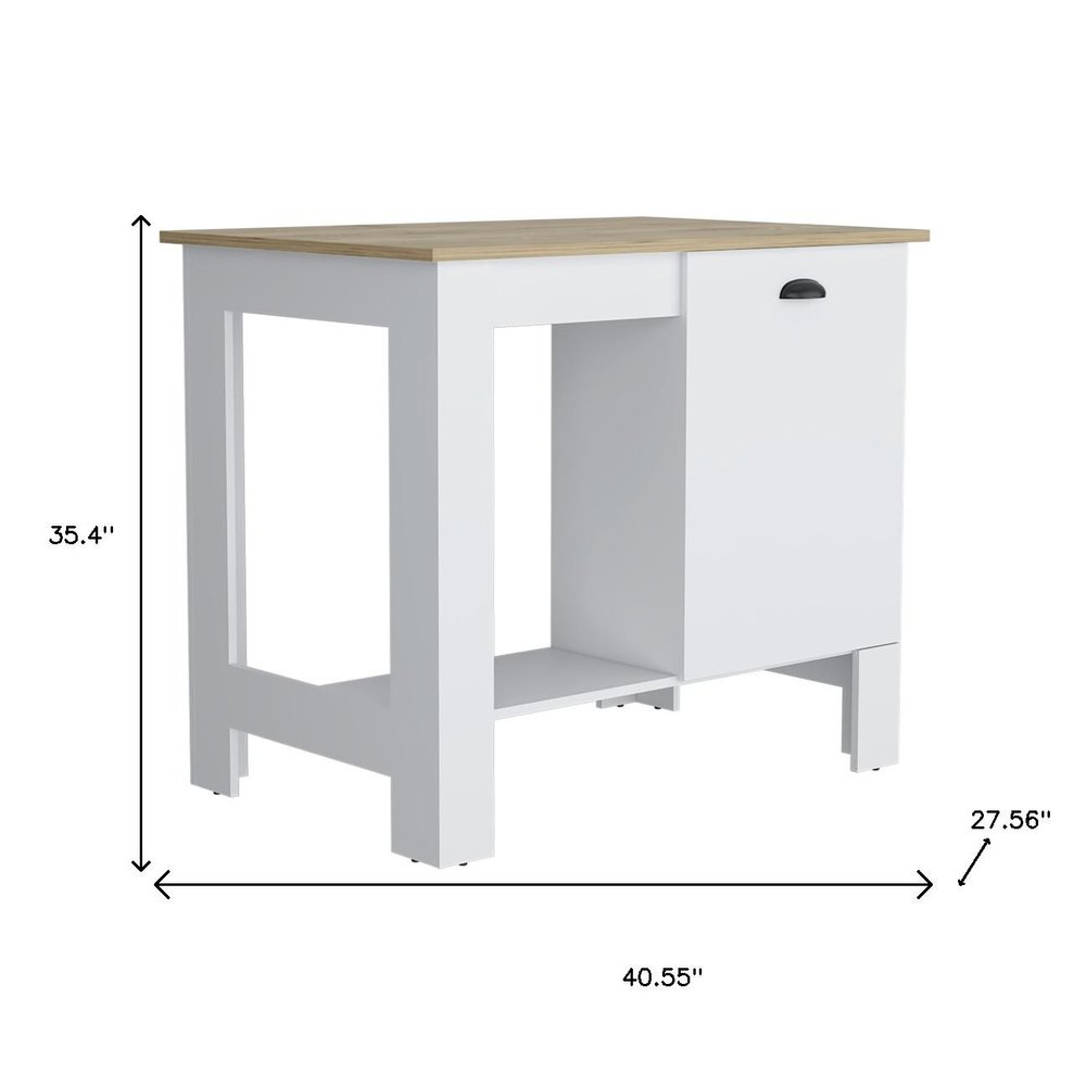 Set of Two Oak and White Wood Kitchen Island And Pantry Cabinet on a white background