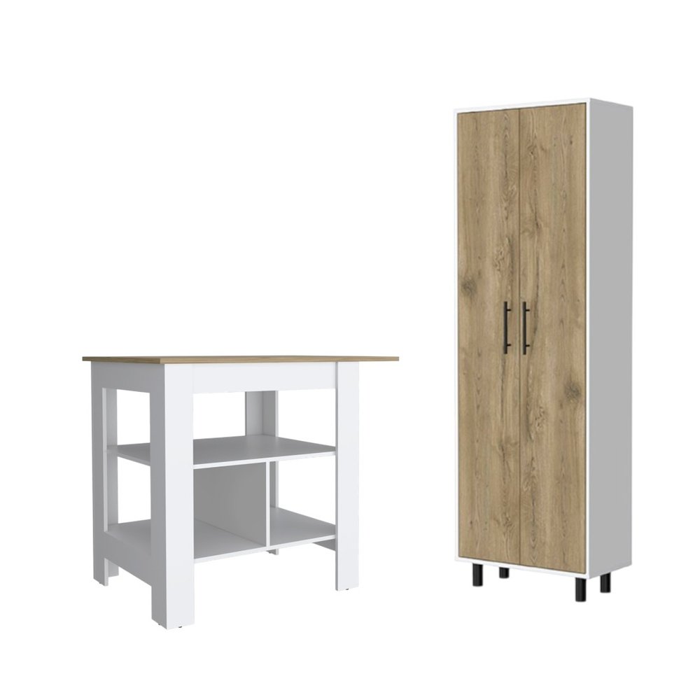 41" Natural and White Wood Kitchen Island Set With Storage. Kitchen cart isolated on a plain white background, in a tan wood finish.