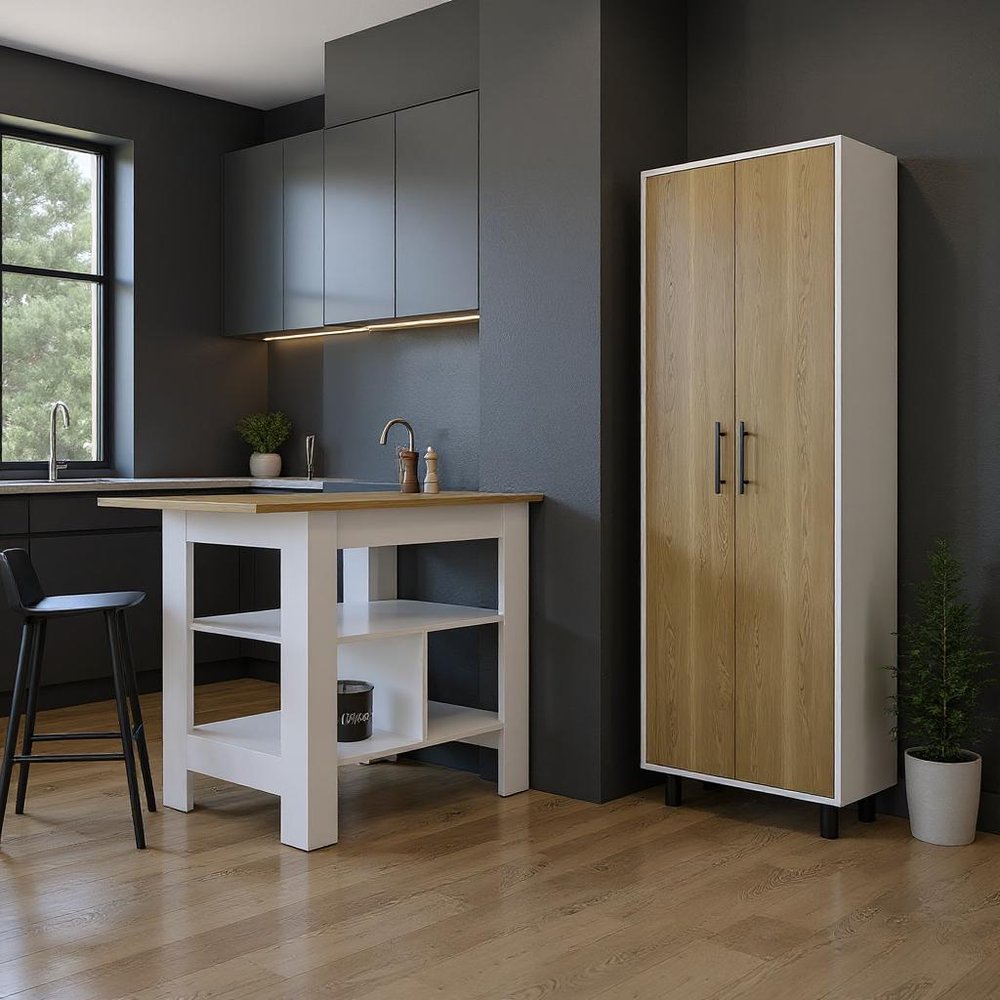 41" Natural and White Wood Kitchen Island Set With Storage styled in a furnished interior with a dark wall on a wood floor in tan wood.