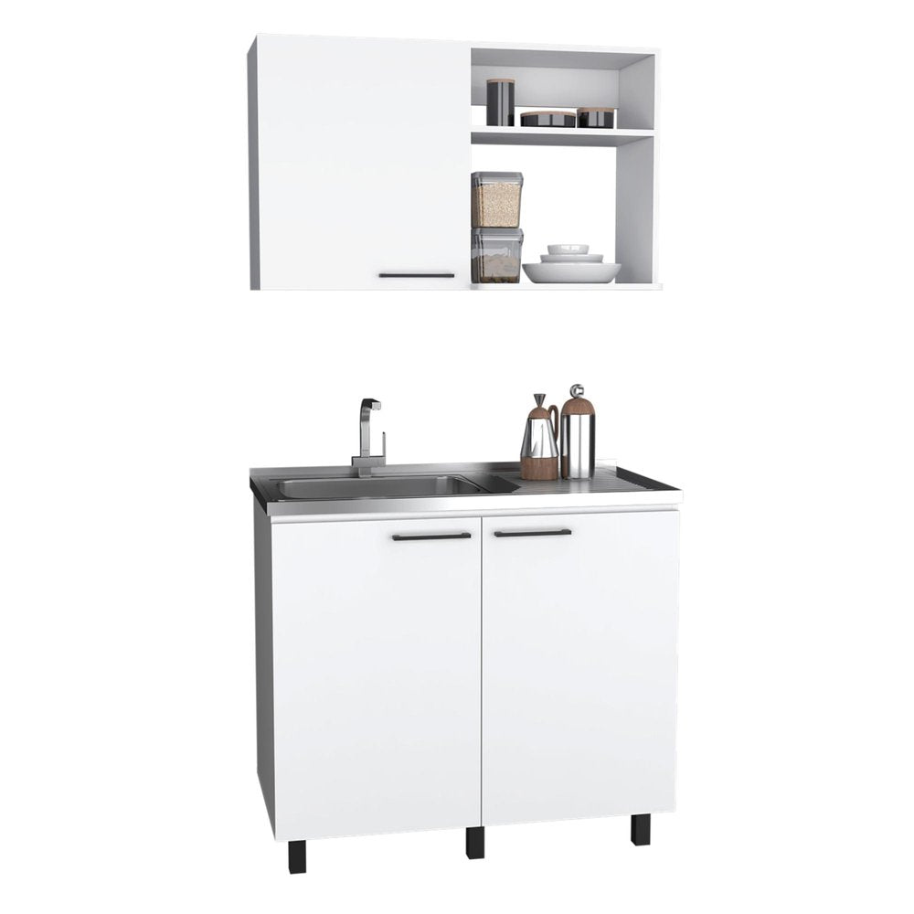 White stainless steel and wood utility cabinet with sink and overhead shelving, featuring two cabinet doors and a faucet.