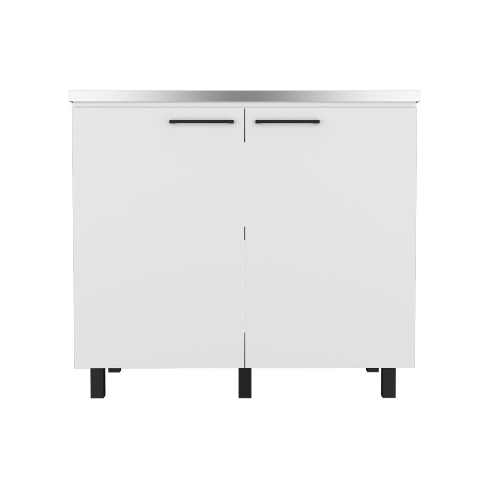 24" X 39" White Stainless Steel and Wood Utility Cabinet With Sink. Kitchen & utility sink isolated on a plain white background, finished in white metal.