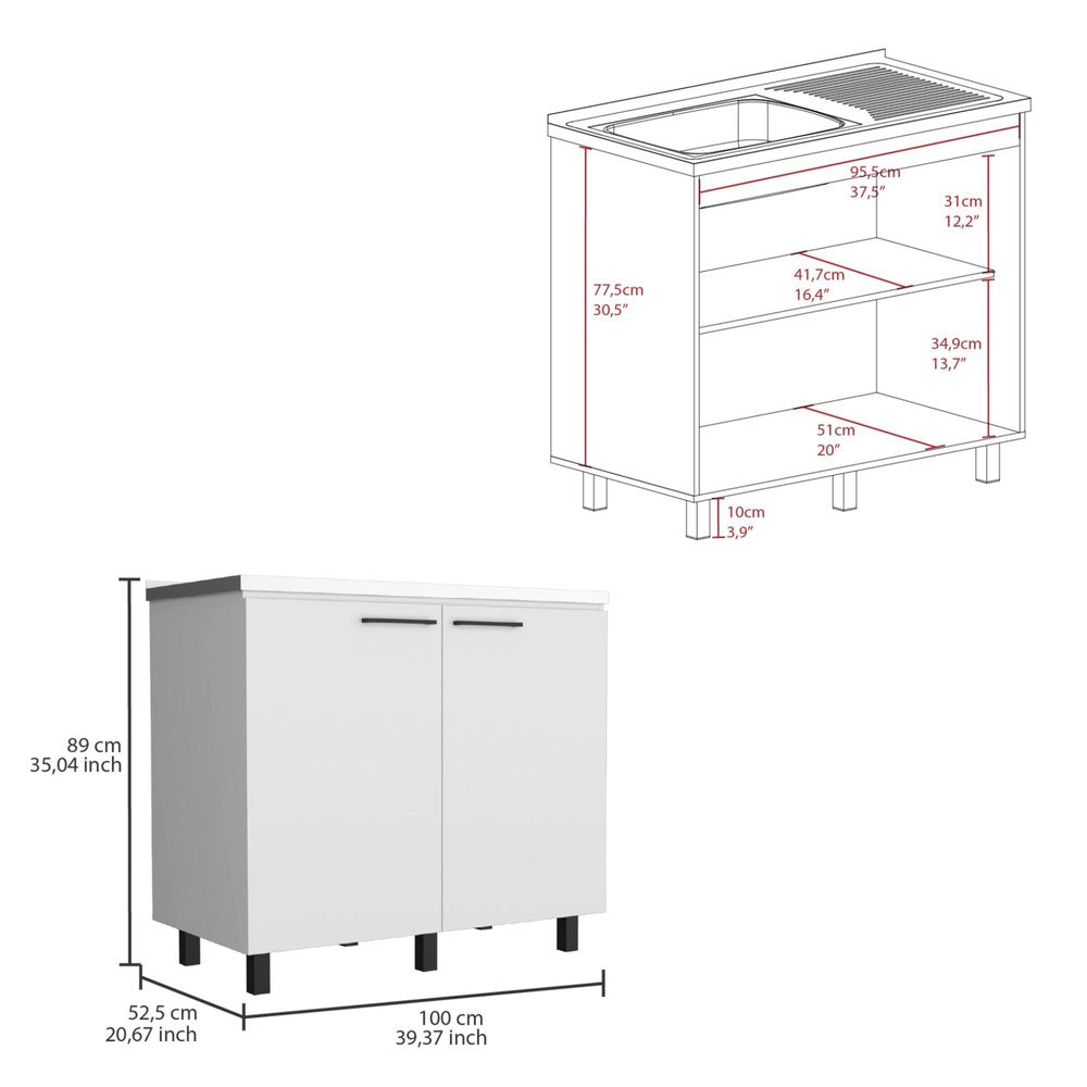 24" X 39" White Stainless Steel and Wood Utility Cabinet With Sink. Kitchen & utility sink isolated on a plain white background, in a white metal finish.