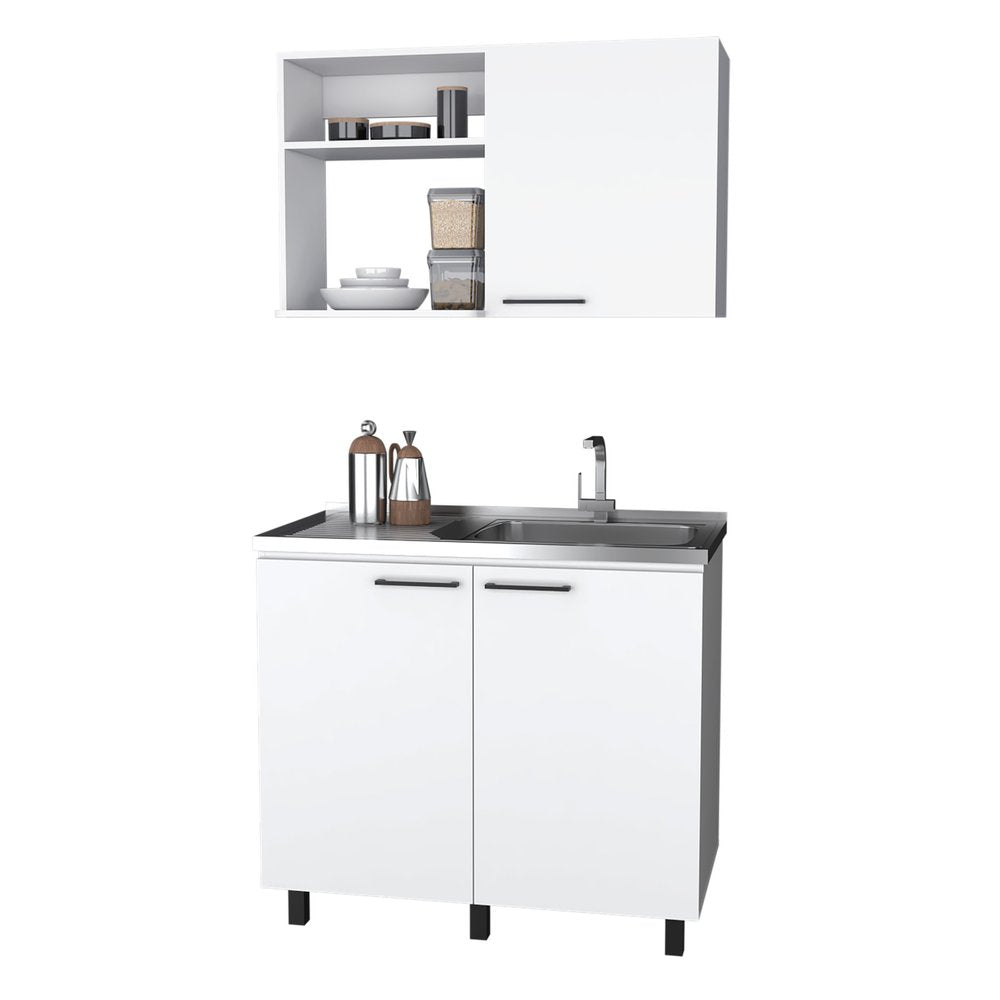 24" X 39" White Stainless Steel and Wood Utility Cabinet With Sink. Kitchen & utility sink isolated on a plain white background, in a white metal finish.