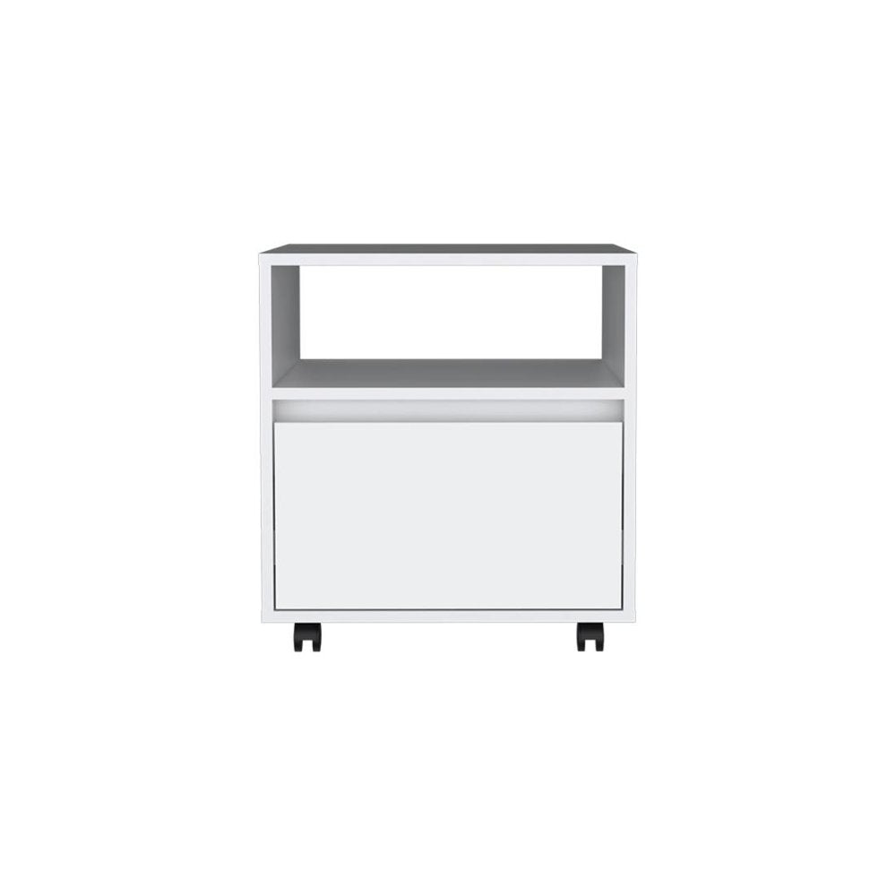 White two-drawer filing cabinet with an open shelf above, on black casters, against a white background.