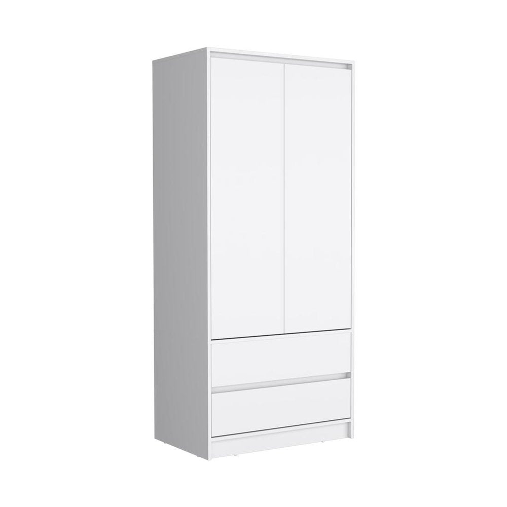 White two-door wardrobe with three drawers below, shown against a white background.