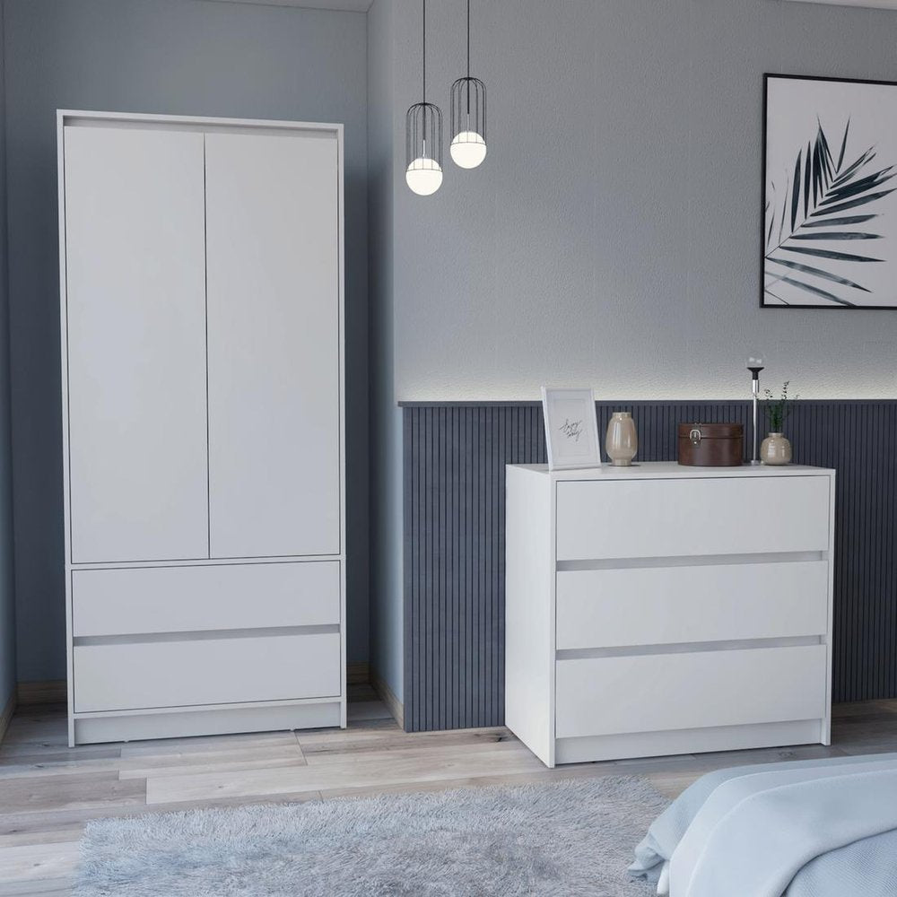 White two-piece bedroom set with a tall wardrobe and a three-drawer dresser on a wooden floor with a grey rug.