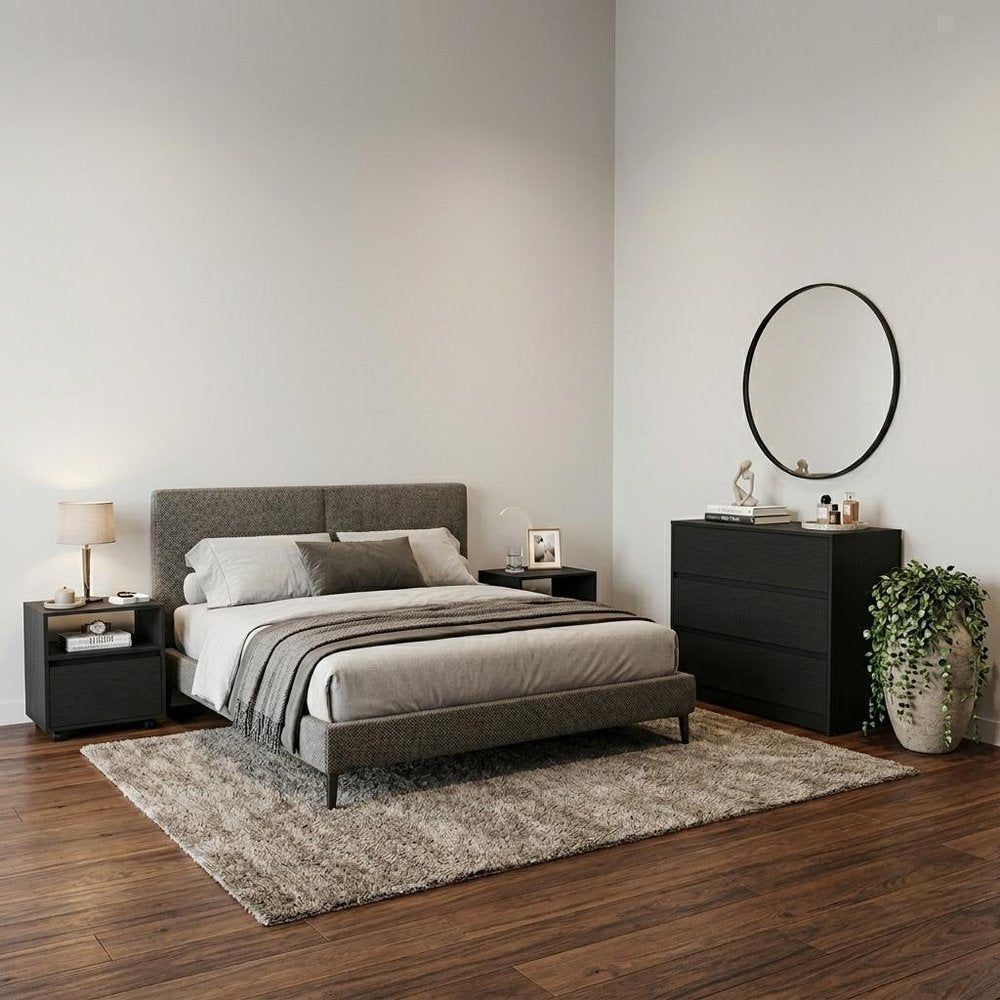 Three Piece Black Bedroom Set in a home interior