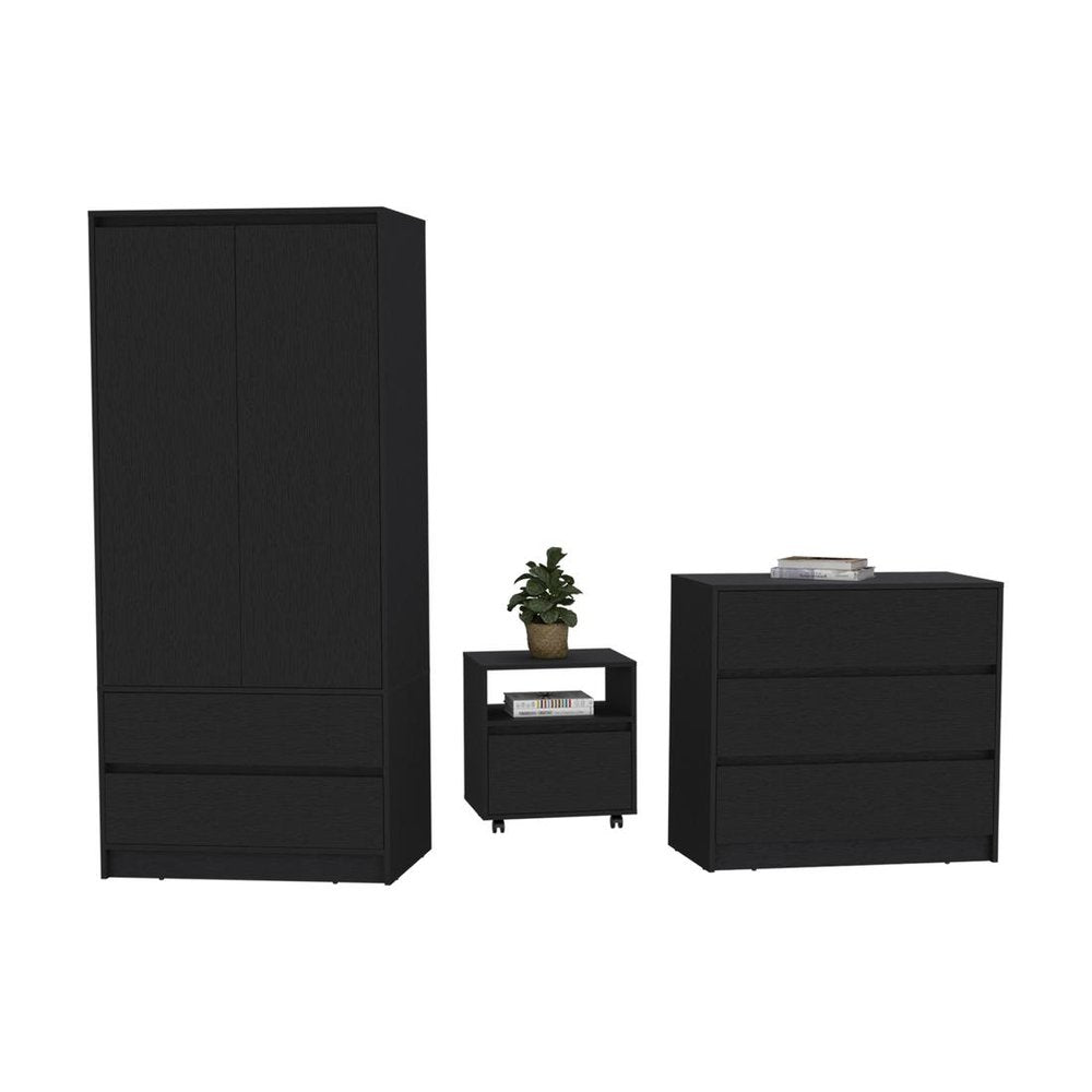 Three-piece black bedroom set with a tall wardrobe, a nightstand with a plant, and a chest of drawers.