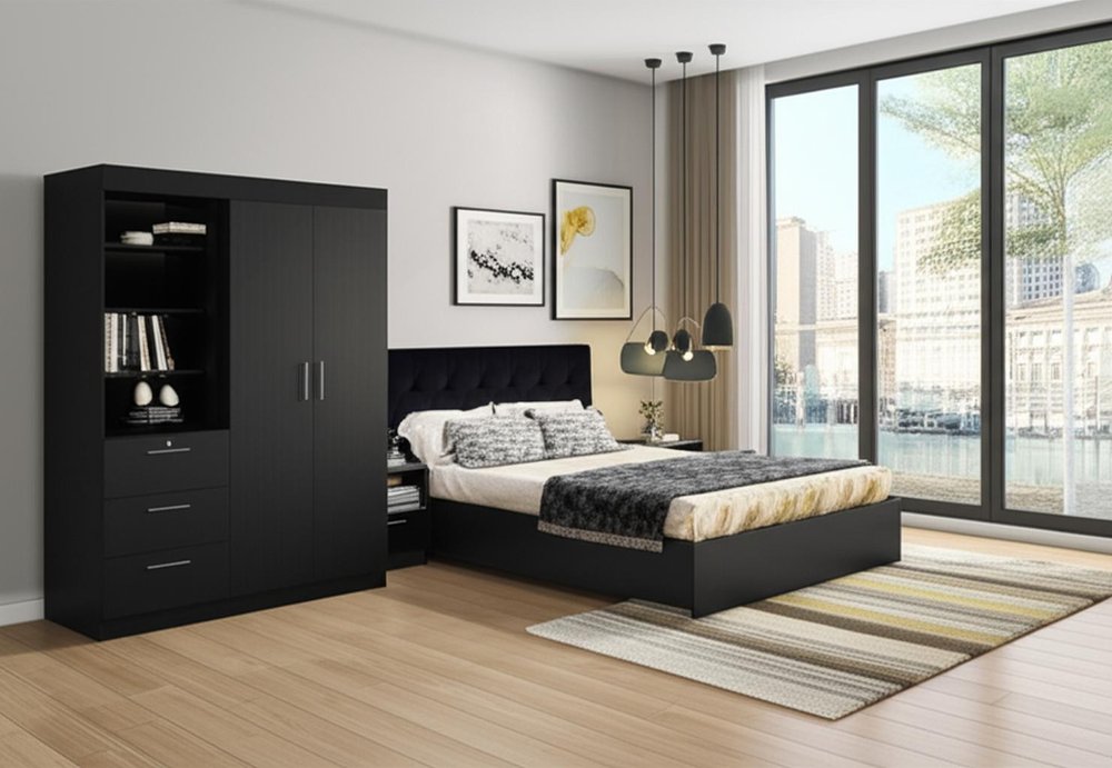 Two Piece Black Bedroom Set in a home interior