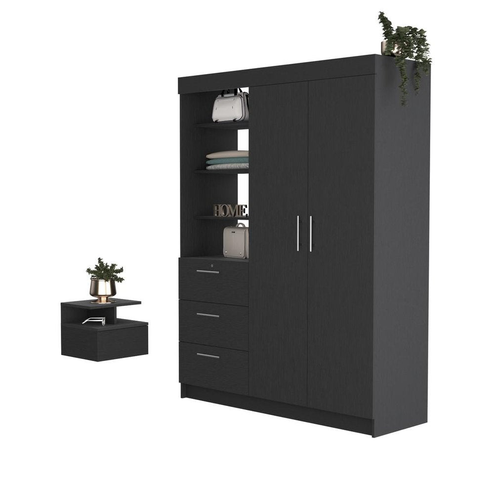 Black two-piece bedroom set with a wardrobe and a nightstand, featuring open shelves and drawers.