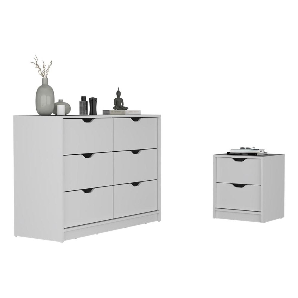 White two-piece bedroom set with a dresser and nightstand on a white background.
