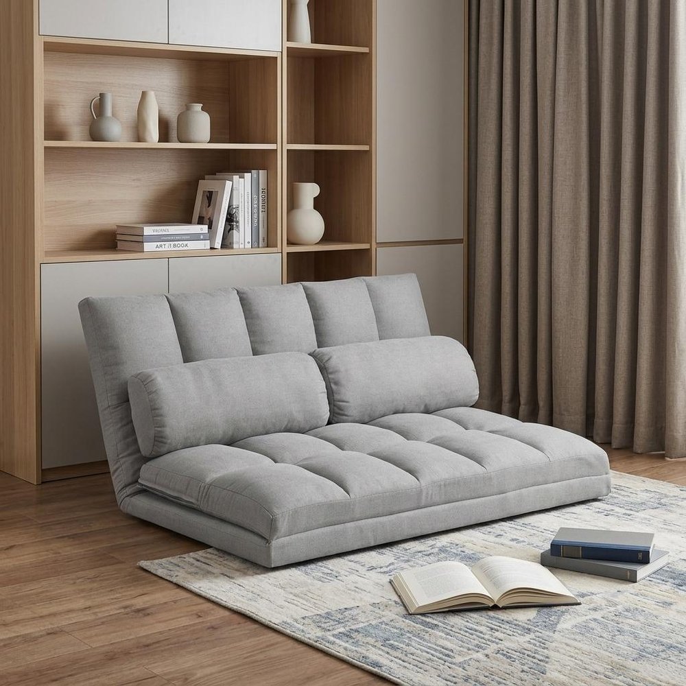 45" Gray Futon Convertible Sleeper Loveseat and Toss Pillows