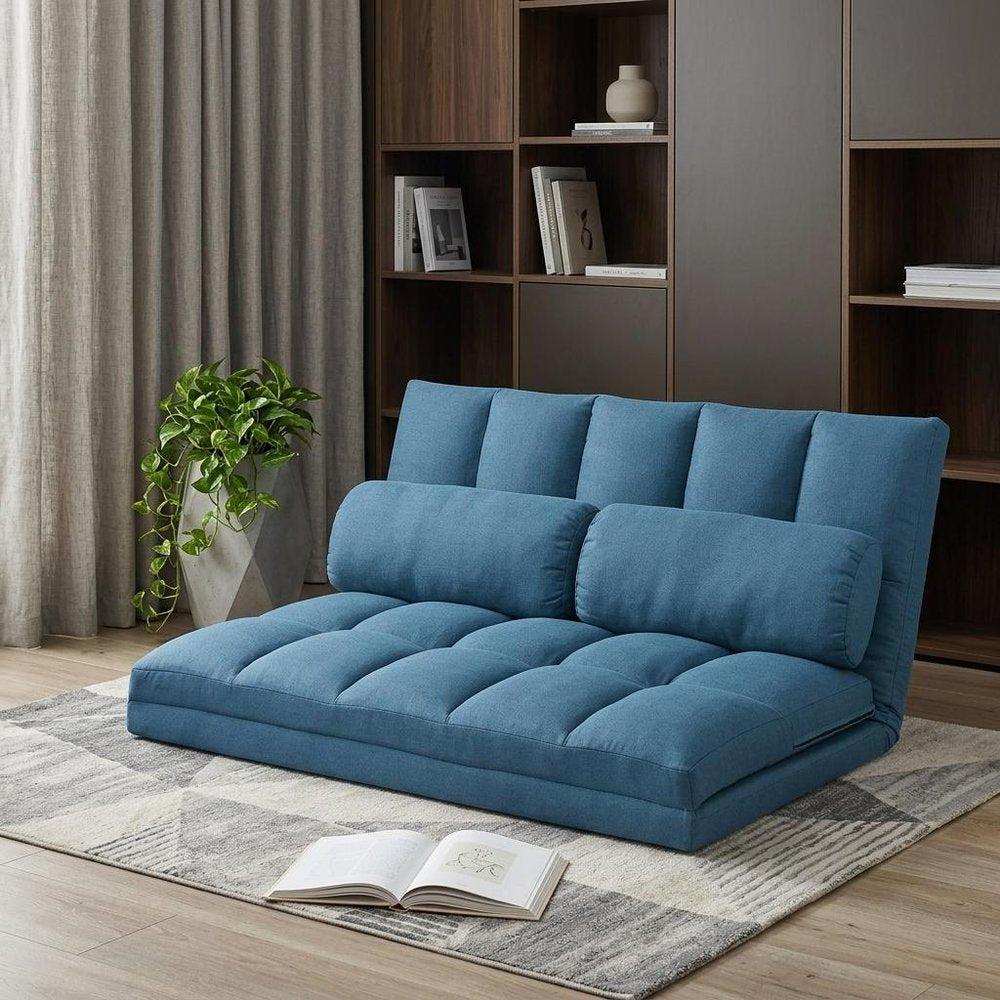 45" Blue Futon Convertible Sleeper Loveseat and Toss Pillows