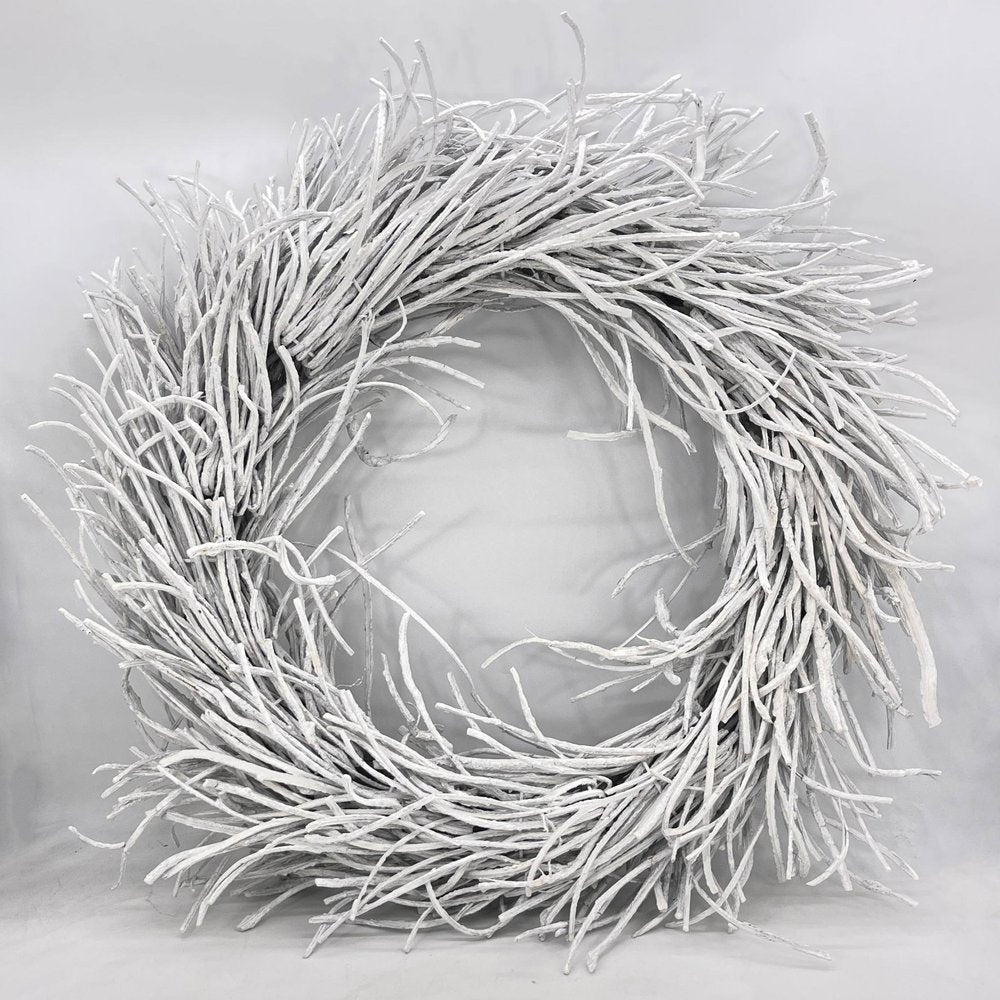 28" White Willow Dried Wreath. Wreath isolated on a plain white background, in a white rattan finish.