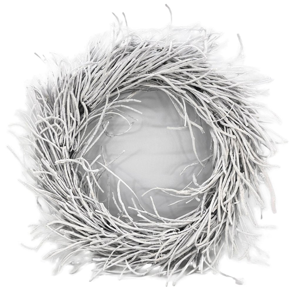 28" White Willow Dried Wreath. Wreath isolated on a plain white background, finished in white rattan.